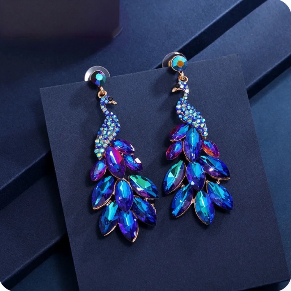Peacock rhinestone dangle statement earrings, New! - Picture 4 of 14